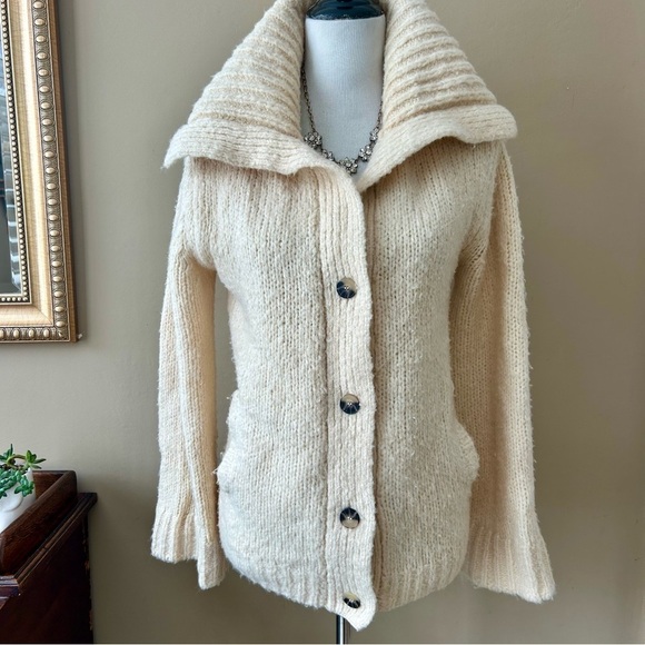 Anthropologie Maeve Coatigan Cream Chunky Knit Cardigan Jacket Wide Collar - Picture 2 of 14
